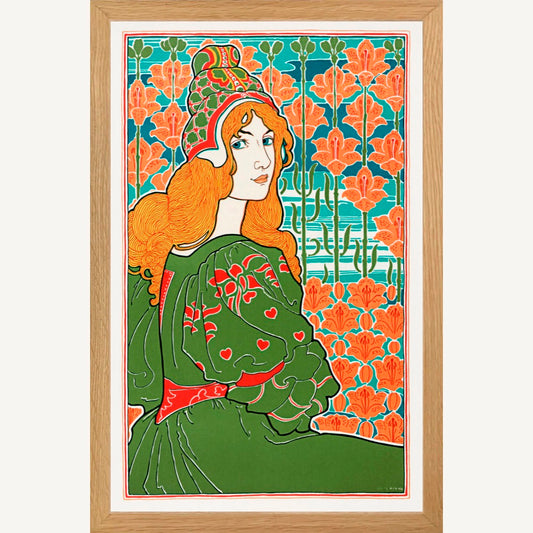 Woman Arts & Crafts Floral Lithograph Art 1898