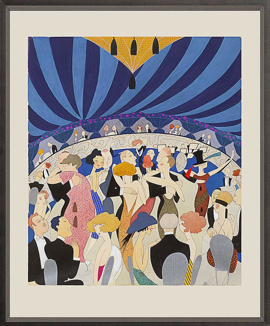 A print depicting a 1920s nightclub with couples dancing on the floor while others chat and enjoy drinks. The bold colors and intricate details evoke the Art Deco style, adding vibrancy to the scene