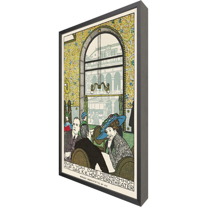 A lively scene at a bustling Viennese café in 1911, with patrons engaged in various activities, set against Vienna's classic architecture.