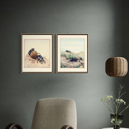 Two framed insect prints on a gray wall with a chair and decorative vase in the foreground.